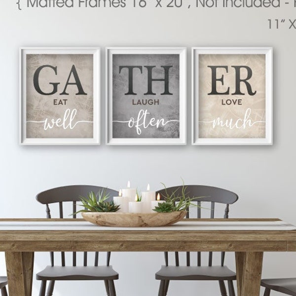Farmhouse Kitchen Wall Art Prints Gather Eat Well Laugh Often Love Much Modern Neutral Decor Set of (3) Unframed Paper Prints or Canvases