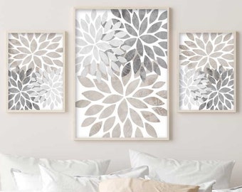 Modern Abstract Floral Fine Art in Neutral Gray and Tan, Interior Design Distressed Farmhouse Home Decor Set of 3, UNFRAMED Prints or Canvas