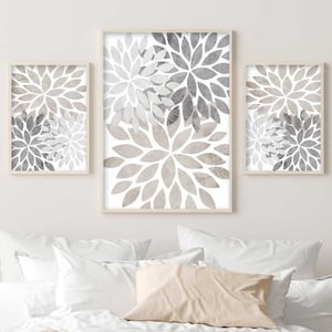 Modern Abstract Floral Fine Art in Neutral Gray and Tan, Interior Design Distressed Farmhouse Home Decor Set of 3, UNFRAMED Prints or Canvas