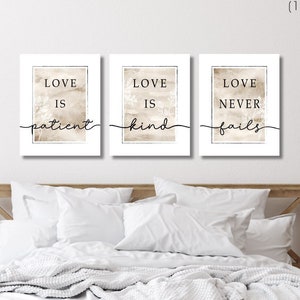 Love is Patient Kind Love Scripture 1 Corinthians 13 Art Prints Neutral Tan Beige Christian Gift Set of (3) UNFRAMED Paper Prints or Canvas