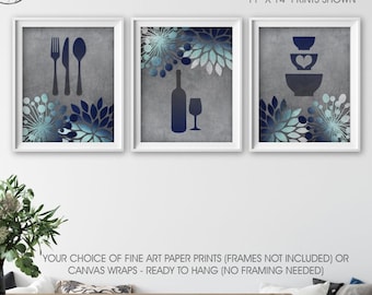 Kitchen Wall Art Print Set  Eat Drink Love Navy Blue Aqua Gray Monochrome Modern Kitchen Decor Set of (3) Unframed Prints or Canvas