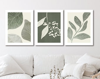 Vintage Foliage Leaves Art Prints Floral Botanical Sage Cream Wall Decor Distressed Minimalist Art Set of 3 UNFRAMED Prints OR Canvas Wraps