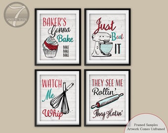 funny kitchen quote art print set red teal kitchen decor cupcake whisk rolling pin mixer see me rollin just beat it set of 4 unframed - Funny Kitchen Quotes funny kitchen quote art print set red teal kitchen decor cupcake whisk rolling pin mixer see me rollin just beat it set of 4 unframed - Funny Kitchen Quotes