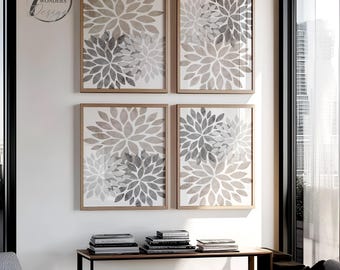 Neutral Floral Wall Art, Neutral Grey, Gray Beige Tan, Interior Design Distressed Farmhouse Home Decor Set of 4, UNFRAMED Prints or Canvas
