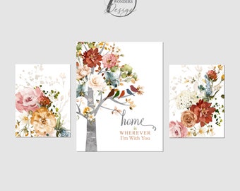 Family Tree Birds Home Wherever You Watercolor Garden Wildflowers Art Prints Custom Farmhouse Cottage Set of 3, Unframed Prints OR Canvas