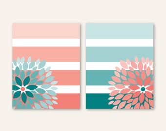 Floral Bursts Big Stripes Art Prints, Ombre Style Modern Home Decor, Pink Coral, Teal Set or (2) Unframed Paper Prints or Canvas