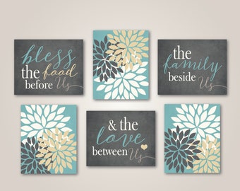 Modern Rustic Country Kitchen Wall Art, Bless the Food Before Us, Flower Bursts Cream Charcoal Teal Tan Set of (6) Unframed Prints or Canvas