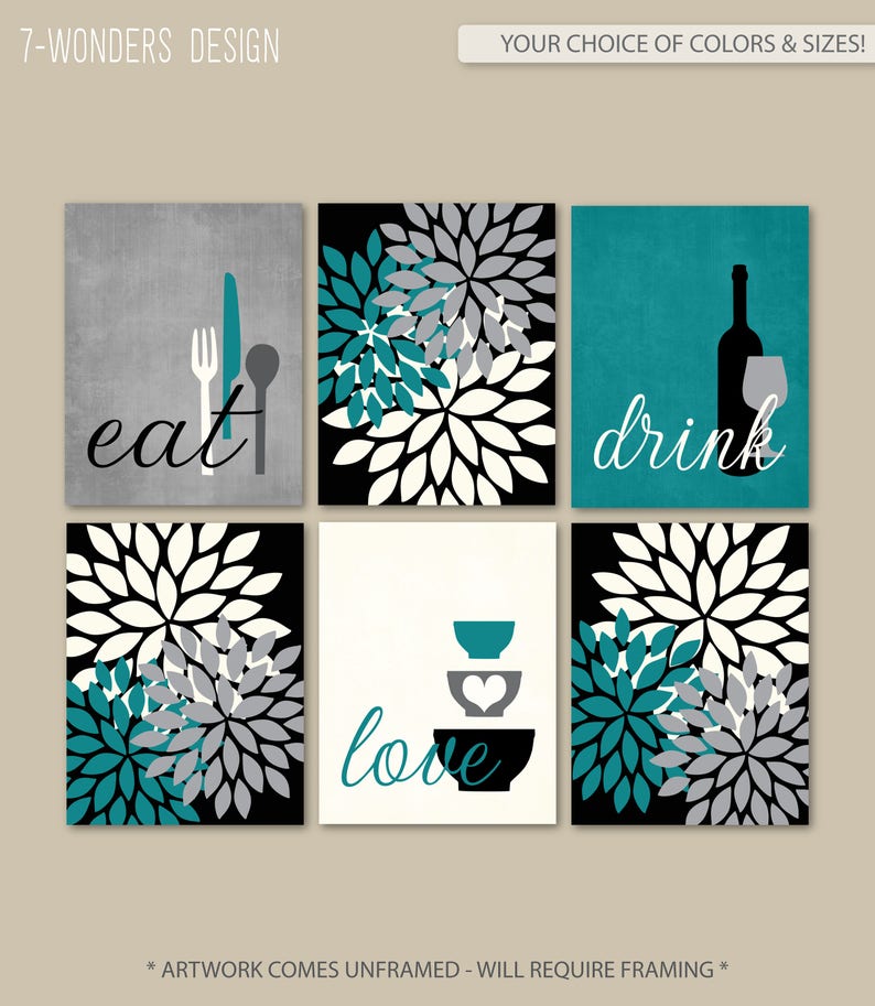 Kitchen Wall Art Print Set Eat Drink Love Flower Bursts Etsy