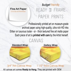 May include: A graphic showing different product types for art prints and canvas wraps. The text reads "product types" and lists "Fine Art Paper", "Ready to Frame Paper Prints", "Canvas", "Standard Wrap", "Gallery Wrap", "3/4" Thin Canvas Wrap", and "1 1/2" Thick Canvas Wrap".