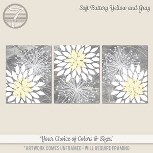 Modern Flower Art, Flower Bursts, Soft Buttery Yellow Gray Colors Wall Art Print Modern Decor Set of (3) UNFRAMED Paper Prints or Canvas