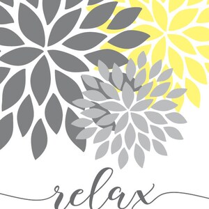 May include: A printable wall art design featuring three gray and yellow floral patterns with the word "relax" in a cursive font.
