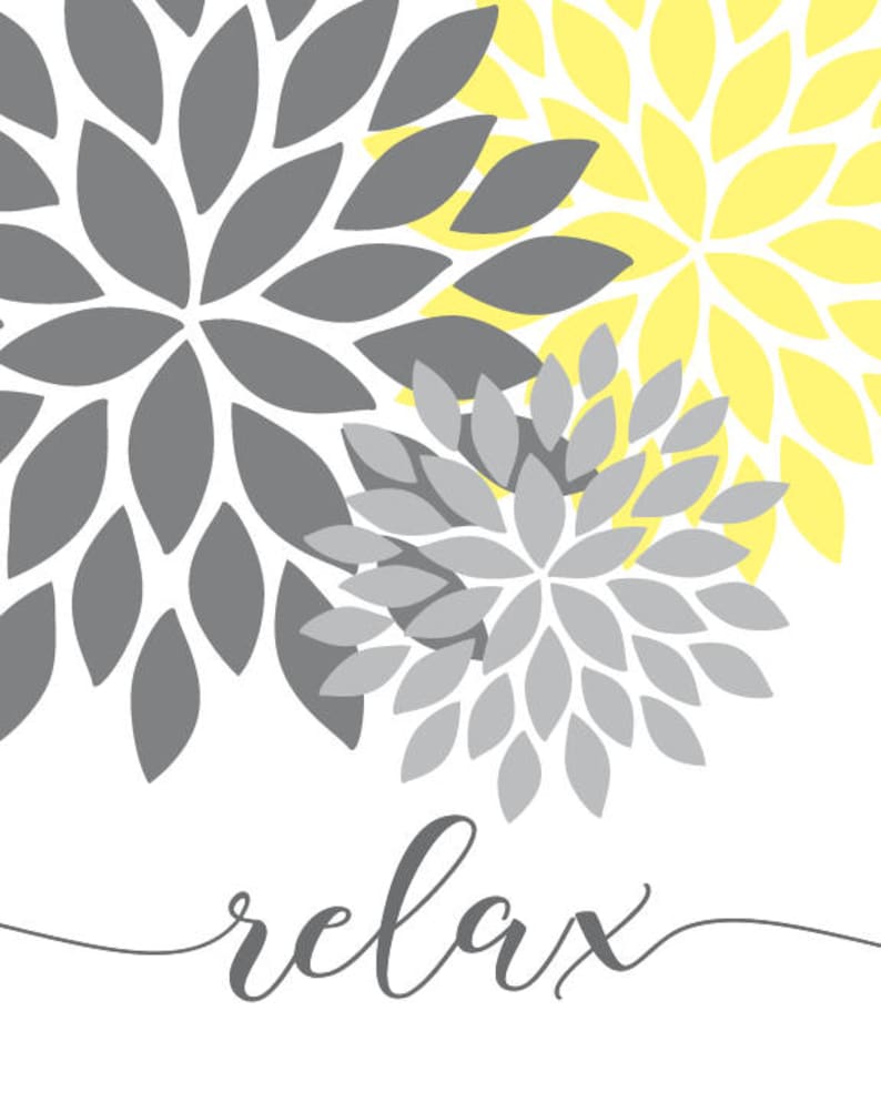 May include: A printable wall art design featuring three gray and yellow floral patterns with the word "relax" in a cursive font.