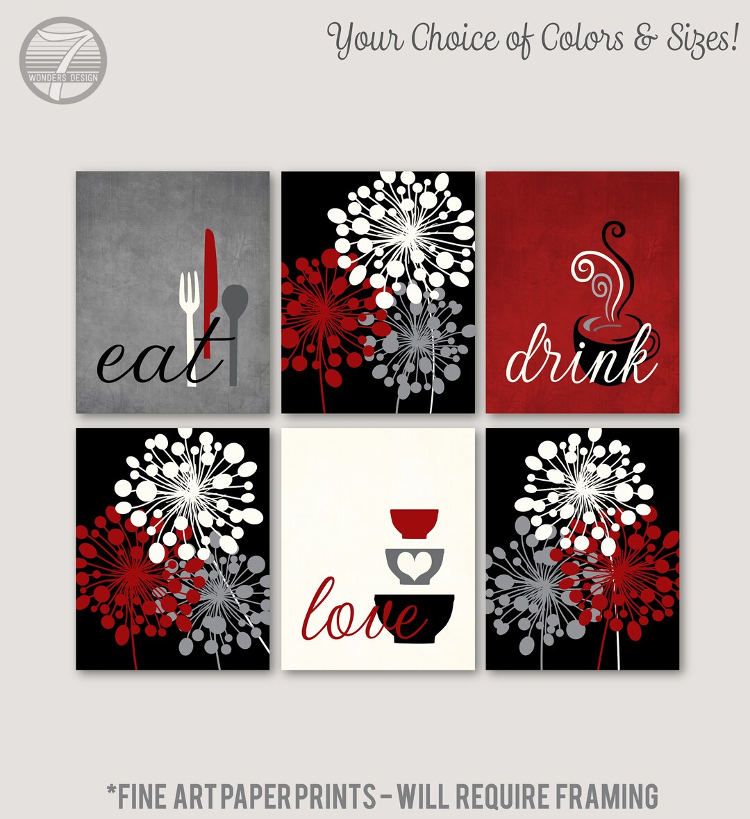 set of 6 kitchen prints coffee print set kitchen art... Kitchen Wall Art Print Set, Eat Drink Love, Rustic Red, Grey, Black ...
