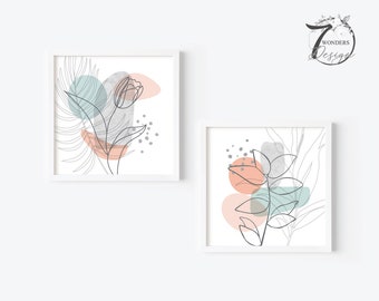 Flower Botanical Boho Art Prints Minimal Line Drawing Seafoam Peach Gray Neutral Home Decor Square Posters, Set of 2 Unframed Prints or Canv