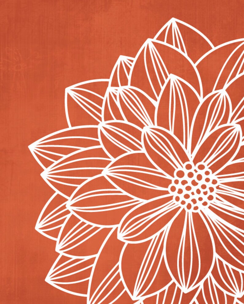 Green Burnt Orange Flower Art Prints Floral Dahlia Wall Art Etsy