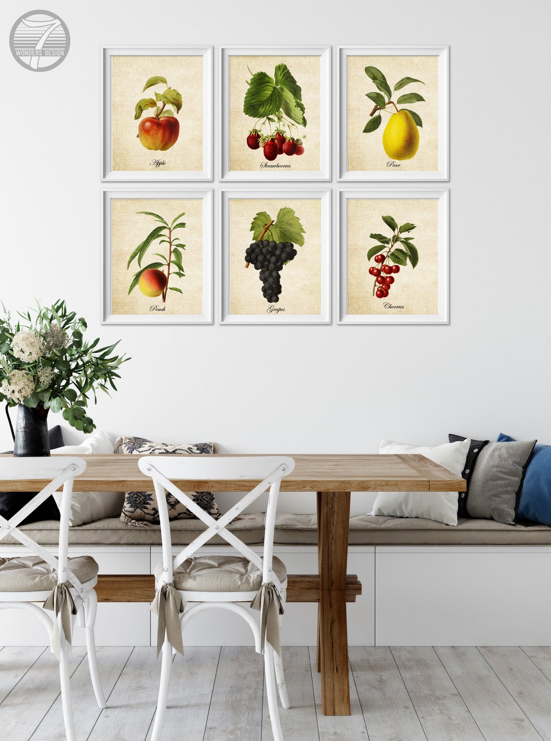 kitchen gallery wall art set of 6, vintage fruit... Vintage Fruit Kitchen Art, Farmhouse Wall Decor, Cottage Floral Kitchen ...