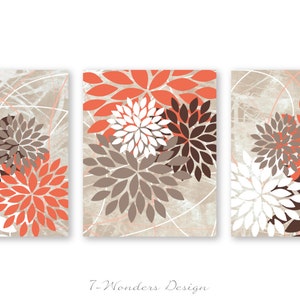 Floral Bursts Botanicals Wall Art Print Coral, Brown, Dust, White Modern Flower Home Decor Set of (3) Unframed Paper Prints or Canvas