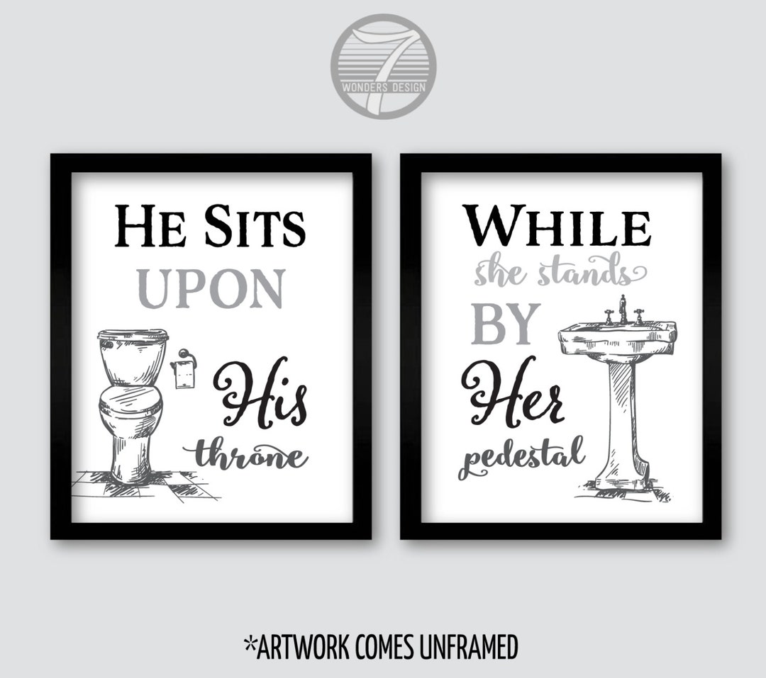 His Her Bathroom Wall Art Prints Gray Black White, Modern Home