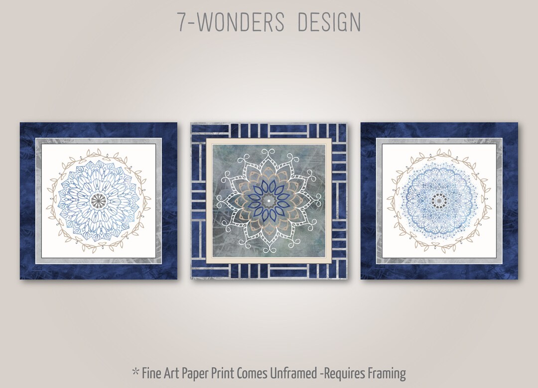 Mandala Art, Square Art Set Distressed Neutral Art Navy Blue Watercolor ...