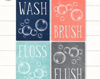 Kids Bathroom Decor Art Girls Boys, Brush, Wash, Floss, Flush, Navy Coral Aqua Grey, Childrens Teens, Set of (4) Unframed Prints or Canvas