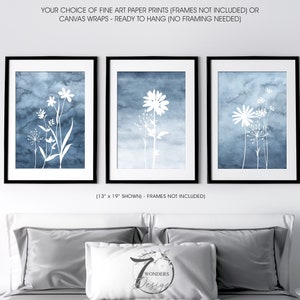 Botanical Flower Abstract Wall Art Prints Indigo Blue Watercolor White Silhouette Teen Home Decor Set of (3) UNFRAMED Paper Prints or Canvas