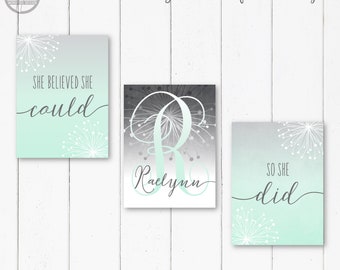 Girls Mint Gray Personalized Name Initial Art Prints She Believed Could So She Did Nursery Teen Bedroom Set of (3) UNFRAMED Prints or Canvas