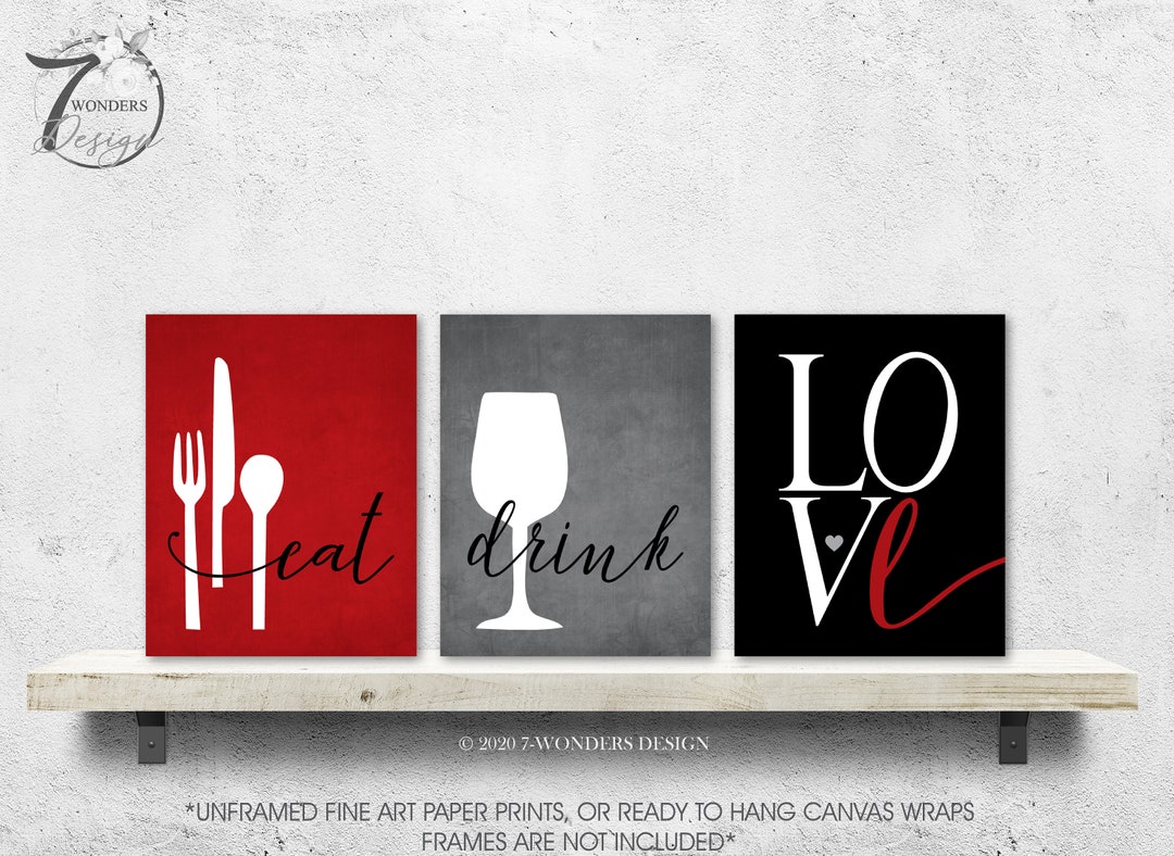 kitchen art personalized prints - utensils, cups,... Kitchen Wall Art Print Set, Eat Drink Love Utensils Wine Rustic Red ...