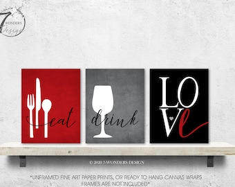 Kitchen Wall Art Print Set, Eat Drink Love Utensils Wine Rustic Red Grey Black Modern Decor Set of (3) UNFRAMED Paper Prints or Canvas Wraps