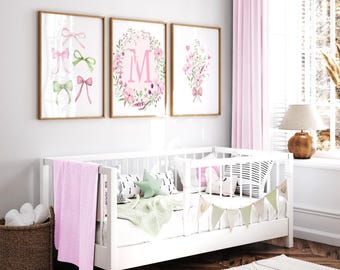 Pink Coquette Bows Girls Initial art prints Pink Green Wildflowers Custom Nursery Grandmillennial Decor Set of (3) UNFRAMED Prints or Canvas