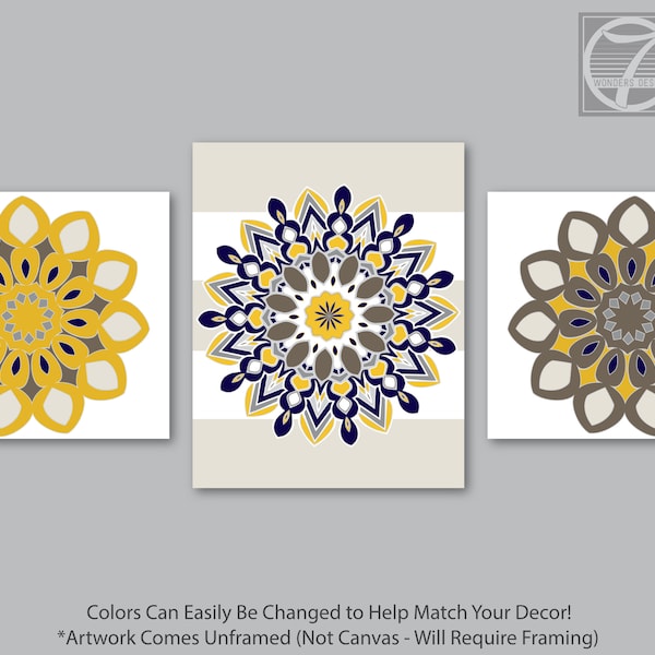 Saffron Yellow Navy Gray Mandala Flower Art Prints, Floral Geometric Wall Art Set of (3) 2 Size Options // Modern Home Decor, UNFRAMED