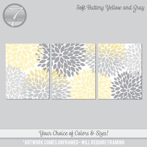 Soft Butter Yellow Gray Wall Art Flower Bursts, Abstract Floral Wall Art Paper Modern Home Decor Set of (3) Unframed Paper Prints or Canvas