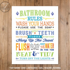 Funny Kids Bathroom Rules Art Print, Pre-Teen, Subway Typography Wall Art Print, Wash Brush Flush Floss, Punny Bathroom Art - Comes UNFRAMED