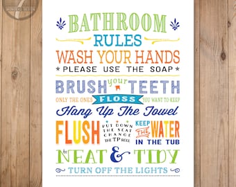 Funny Kids Bathroom Rules Art Print, Pre-Teen, Subway Typography Wall Art Print, Wash Brush Flush Floss, Punny Bathroom Art - Comes UNFRAMED