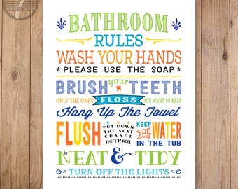 Funny Kids Bathroom Rules Art Print, Pre-Teen, Subway Typography Wall Art Print, Wash Brush Flush Floss, Punny Bathroom Art - Comes UNFRAMED