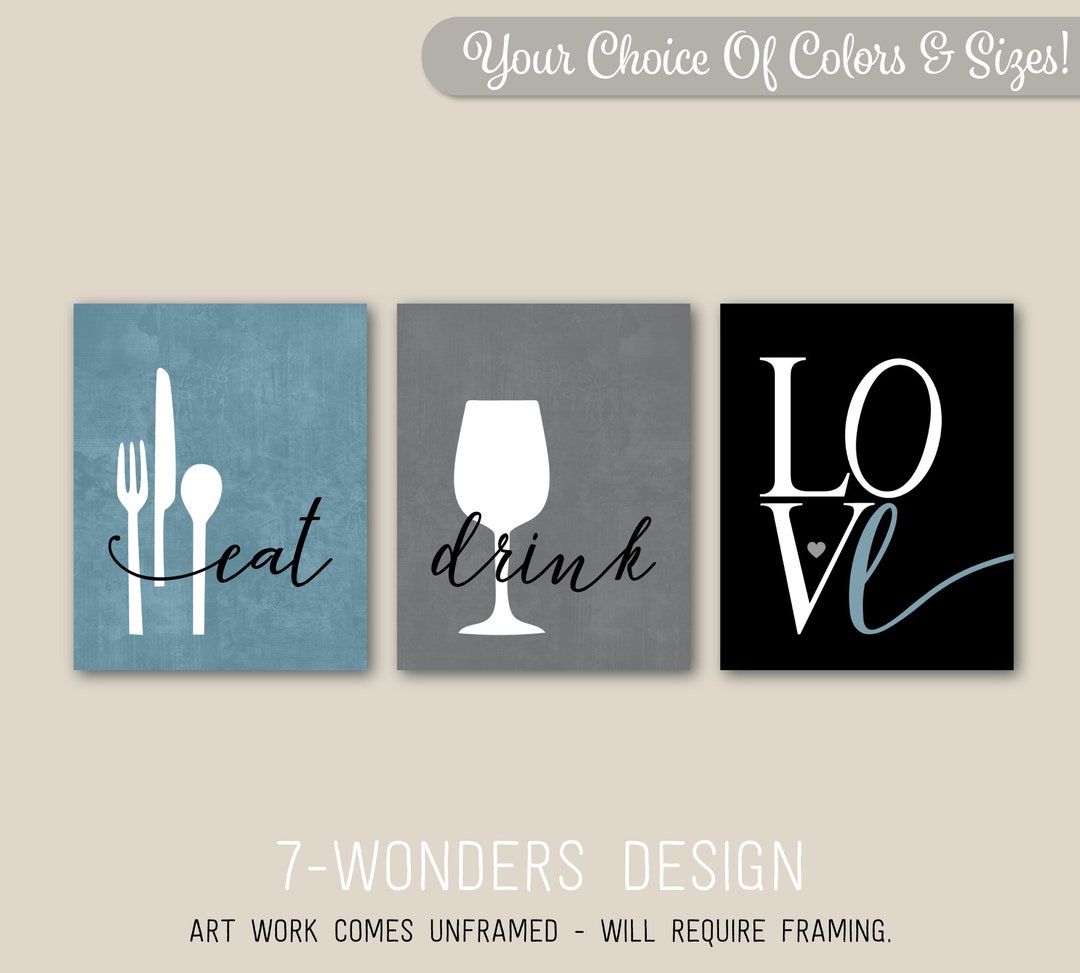 kitchen art personalized prints - utensils, cups,... Kitchen Wall Art Print Set, Eat Drink Love Utensils Wine // Grey Mute ...