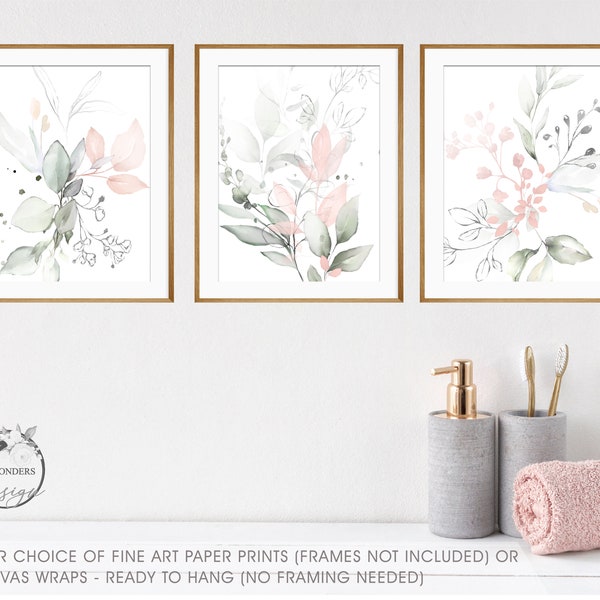 Soft Blush Pink Green Gray Watercolor Flowers Art Prints Floral Botanical Home Decor Art Set of 3 UNFRAMED Fine Art Prints OR Canvas Wraps