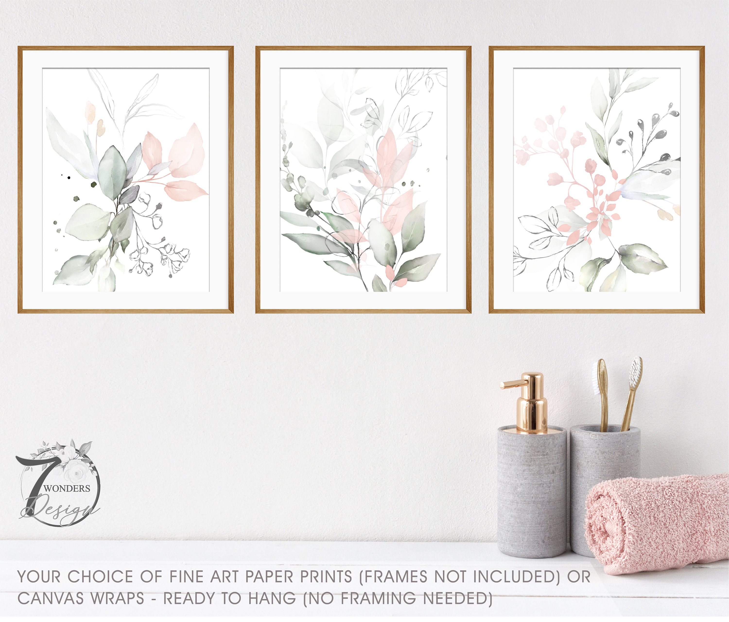 Emerald Green, Blush Pink and Gold Abstract Prints, Set of 3