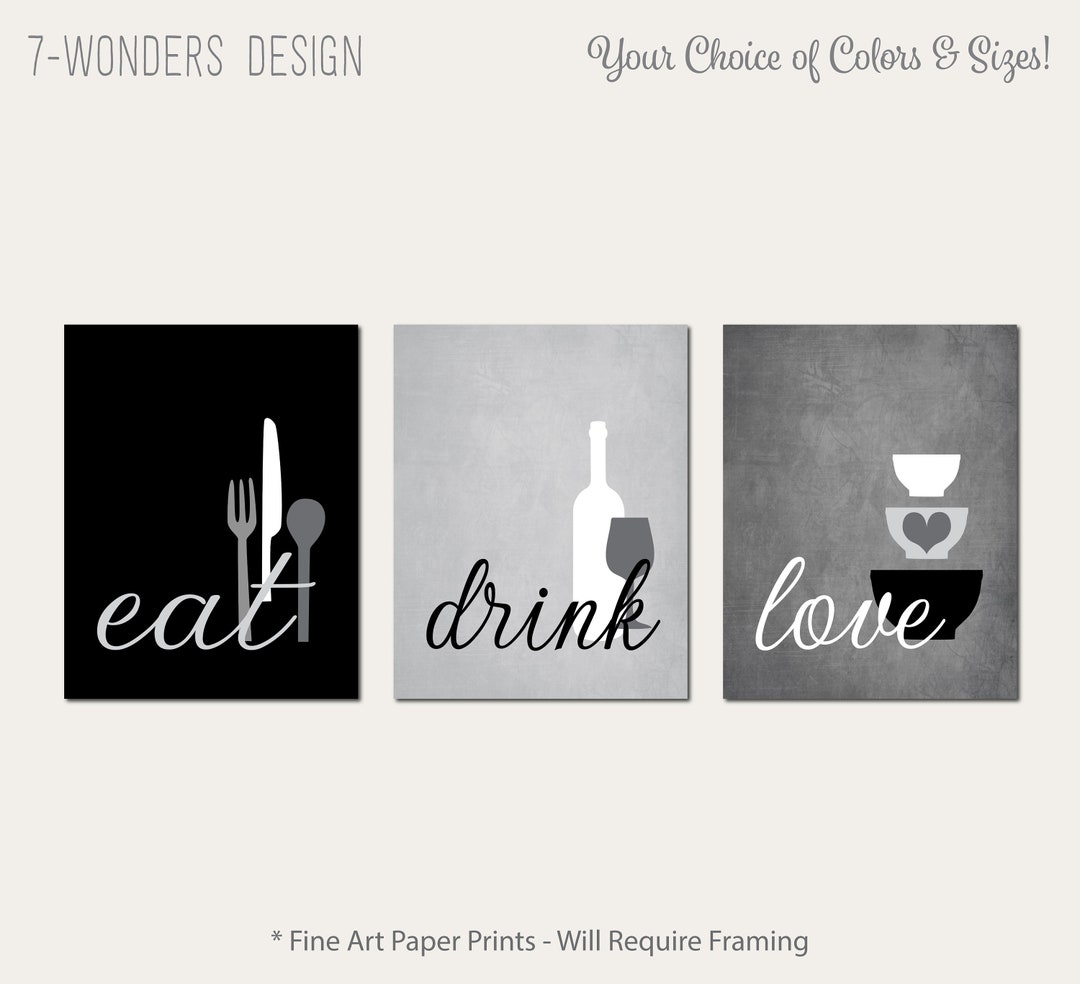 kitchen art personalized prints - utensils, cups,... Kitchen Wall Art Print Set Eat Drink Love, Utensils Wine, Grey, Black ...