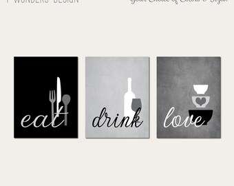 Kitchen Wall Art Print Set  Eat Drink Love, Utensils Wine, Grey, Black, White // Modern Kitchen Decor Set of (3) UNFRAMED Prints or Canvas