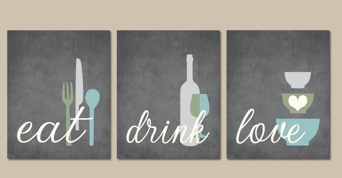 Kitchen Wall Art Print Set Eat Drink Love Flower Bursts Etsy