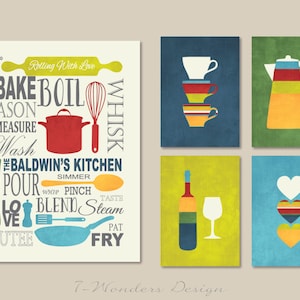 Kitchen Art Prints Personalized Subway Art with Coffee, Wine and Hearts Prints - Set of (5) - 5 x 7&#39;s and 11 x 14 UNFRAMED Prints