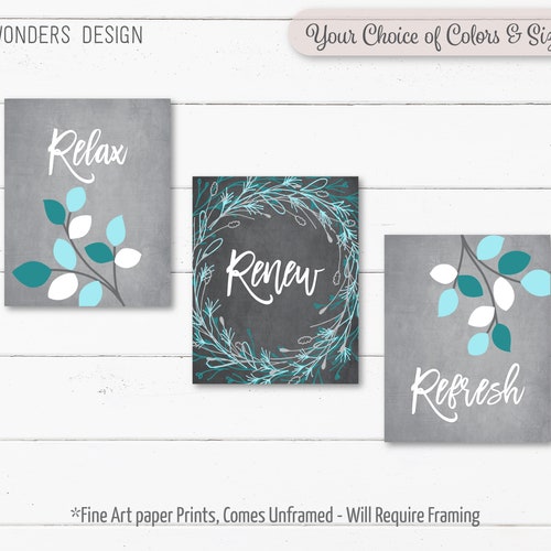 Turquoise Grey BATHROOM Wall Art Prints Relax Renew Refresh Etsy