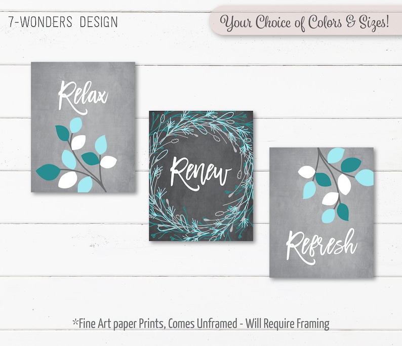 Teal Aqua Grey BATHROOM Wall Art Prints Relax Renew Refresh | Etsy