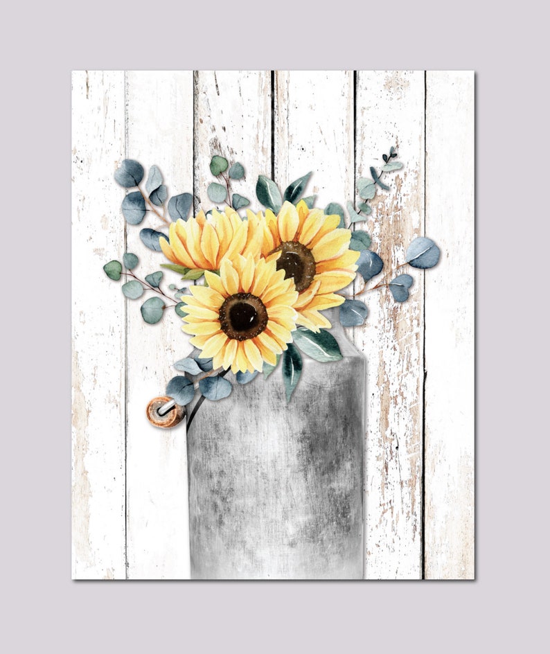 Rustic Farmhouse Kitchen Wall Art Print Sunflower Eucalyptus Etsy