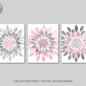 Distressed Floral Burst Print  Pink, Grey and White Modern Home Decor, Girls Room Wall Art Set of (3) UNFRAMED Paper Prints or Canvas