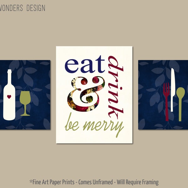 Eat Drink and Be Merry Modern Kitchen Fine Art Print Set of (3), 3 Size Options - Navy Maroon Green Cream, Kitchen Wall Art Decor - Unframed