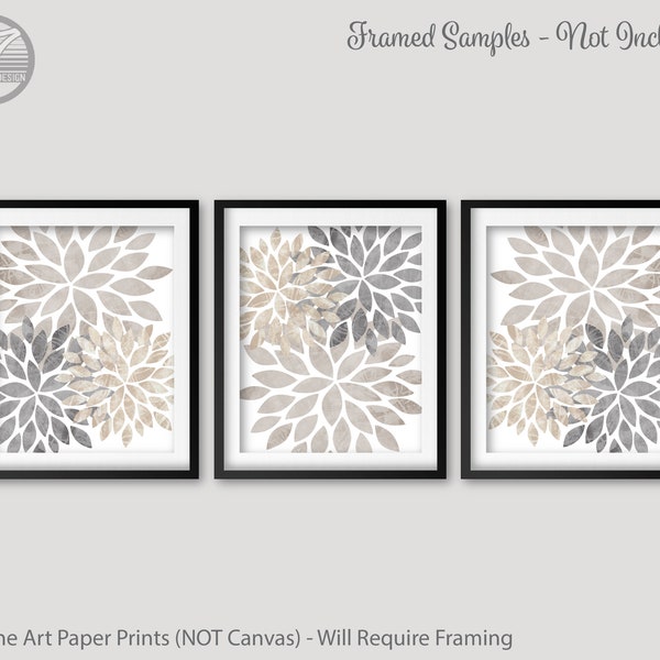 Modern Flower Bursts Neutral Colors Fine Art, Grey, Tan, Dust, Cottage, Home, Apartment Wall Art Set of (3) Unframed Prints or Canvas