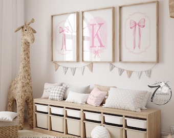 Coquette Bows Girls Pink Bow wall art, Custom Initial Name Nursery Grandmillennial Decor Set of (3) UNFRAMED Prints or Canvas