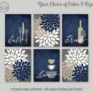 Kitchen Wall Art Print Set, Eat Drink Love, Flower Bursts, Navy Gray Tan Cream, Modern Decor, Set of (6)  Unframed Paper Prints or Canvas