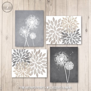 Modern Flower Bursts Dandelions Fine Art Prints, Gray Beige Tan, Distressed Neutral Cottage Art, Set of (4) Unframed Prints or Canvas